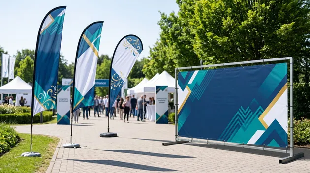 Custom flags and banners displayed side by side at an outdoor event, showcasing designs for event branding, visibility, and promotion.