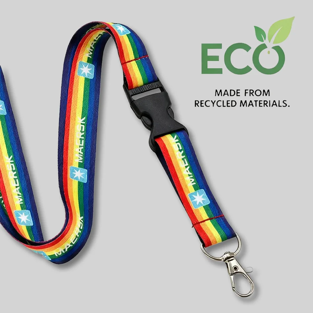  A red nylon lanyard printed repeatedly with 