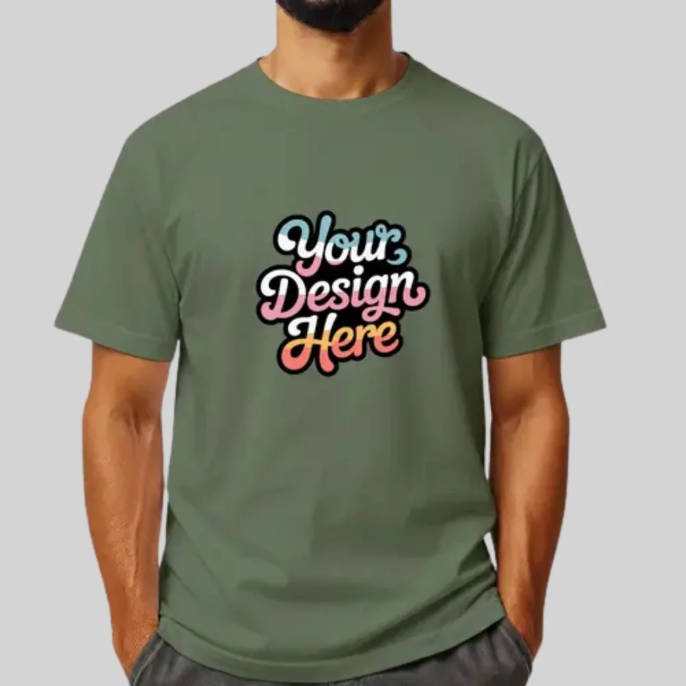 A dark green t-shirt mockup with a colorful "Your Design Here" graphic printed on the chest.