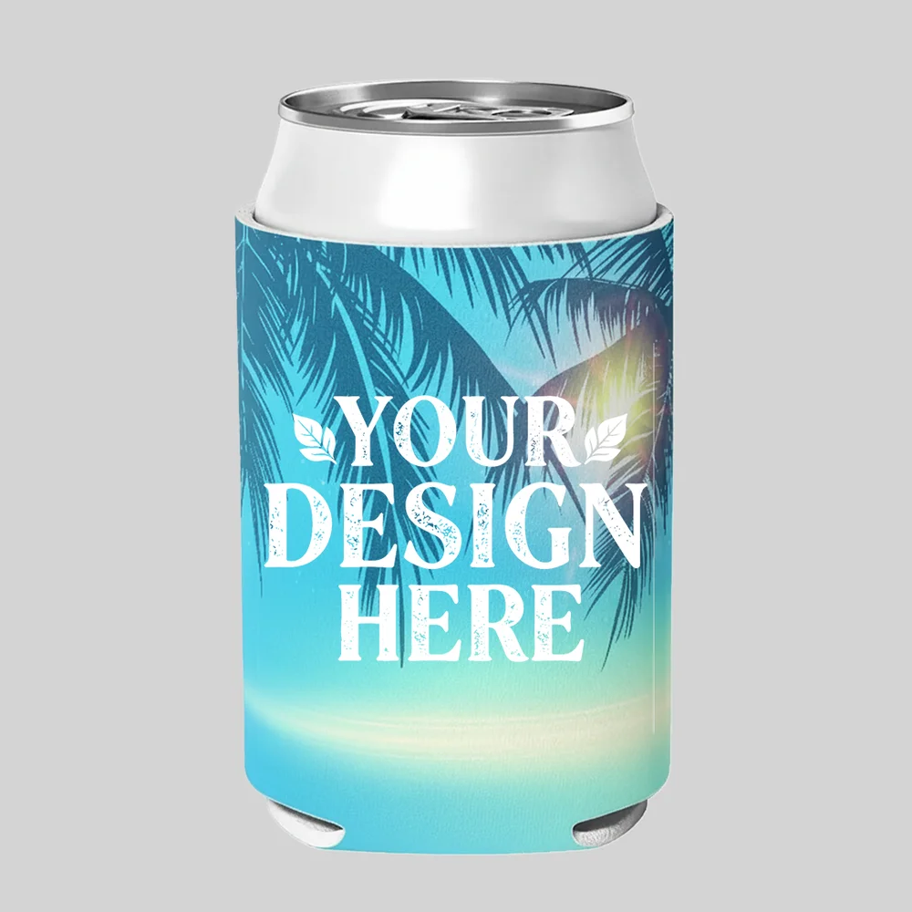 Teal foam koozie printed with a tropical beach and palm tree design and “Your Design Here” text, from CustomLanyard’s foam koozie collection.