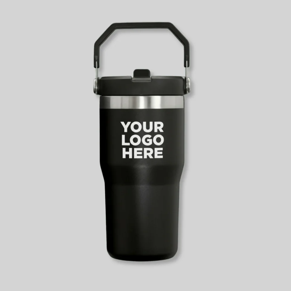 Black insulated 20 oz tumbler with handle and flip-straw lid, printed with "Your Logo Here," representing the Stanley IceFlow-style tumbler available for custom branding.