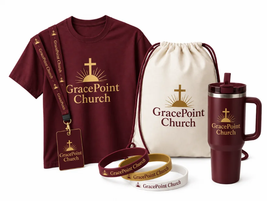 VBS wristbands, youth group shirts, drawstring bags and check-in credentials