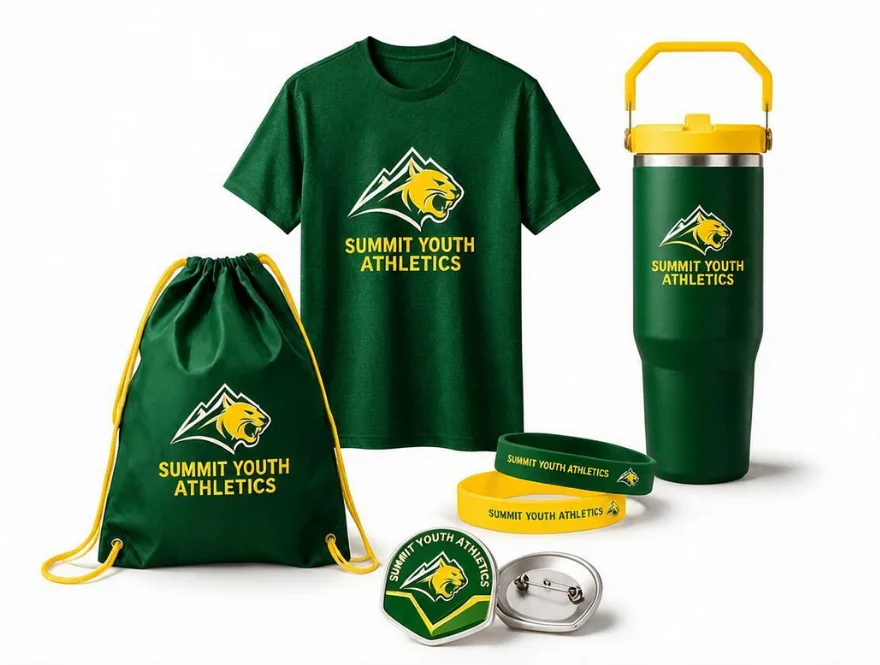 Custom team spirit wear, trading pins, drawstring bags and tournament credentials