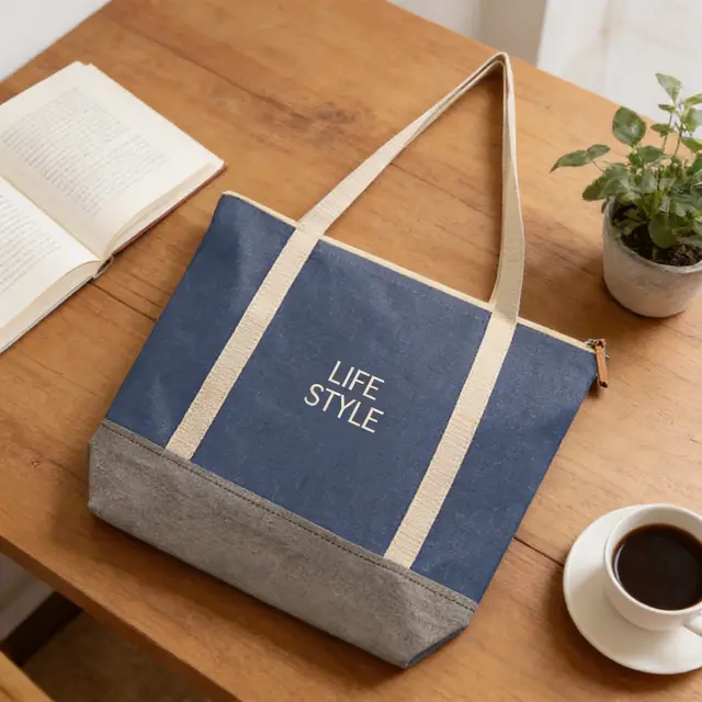 Printed Denim Zip Tote Bags view 2