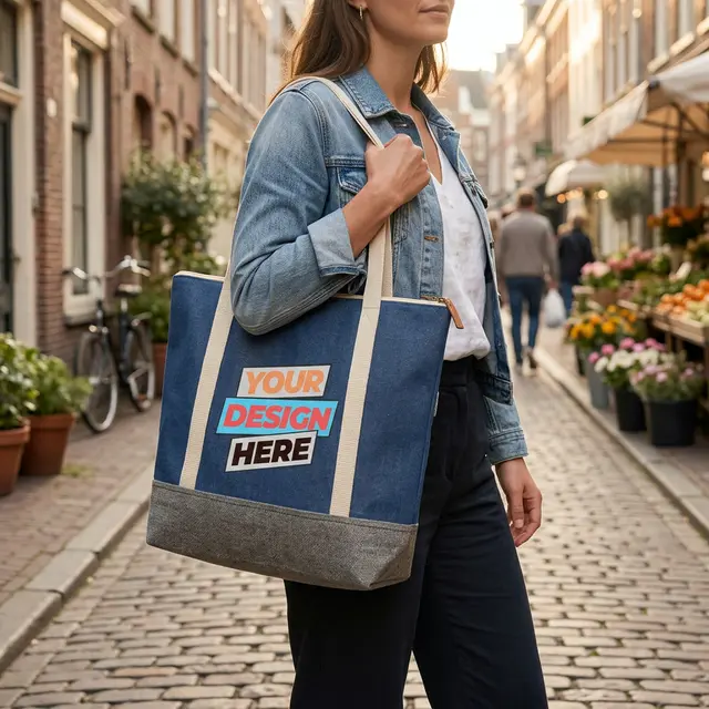 Printed Denim Zip Tote Bags view 3