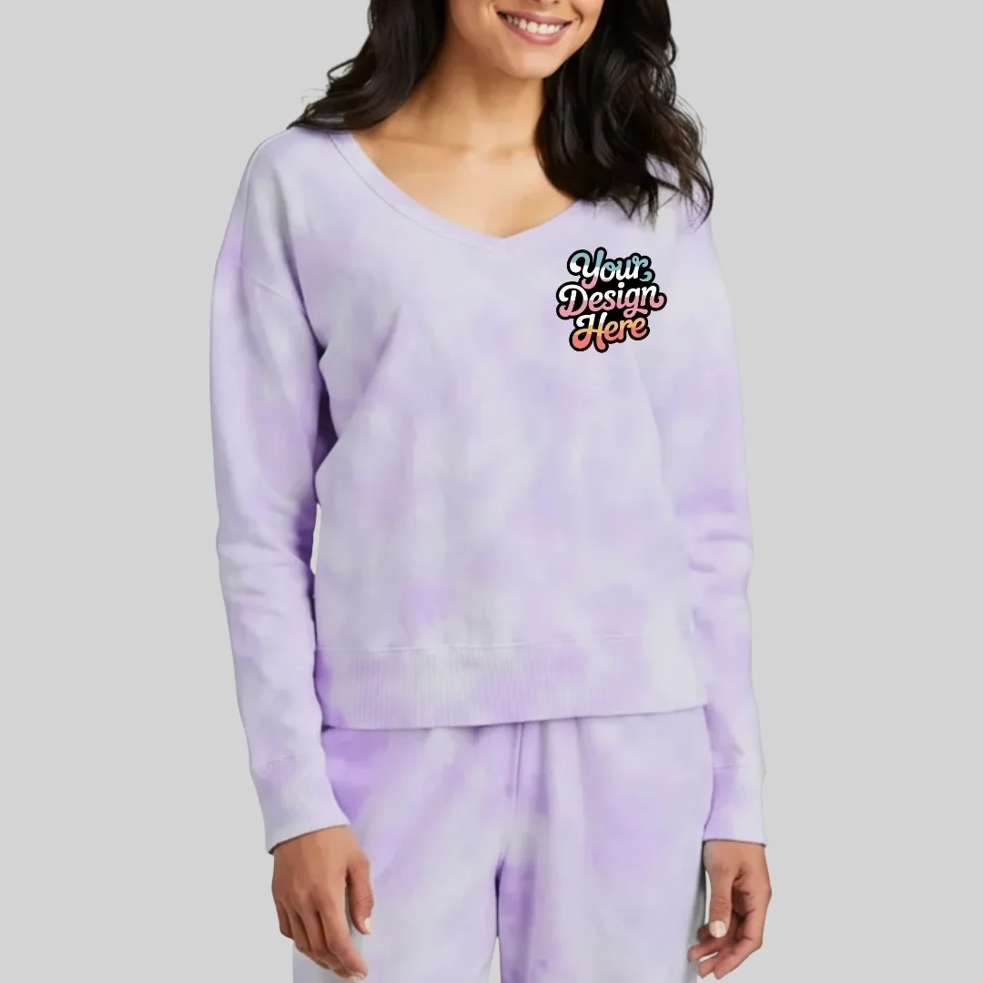 Port & Company® Women Beach Wash® Cloud Tie-Dye V-Neck Sweatshirt with Sweatpants