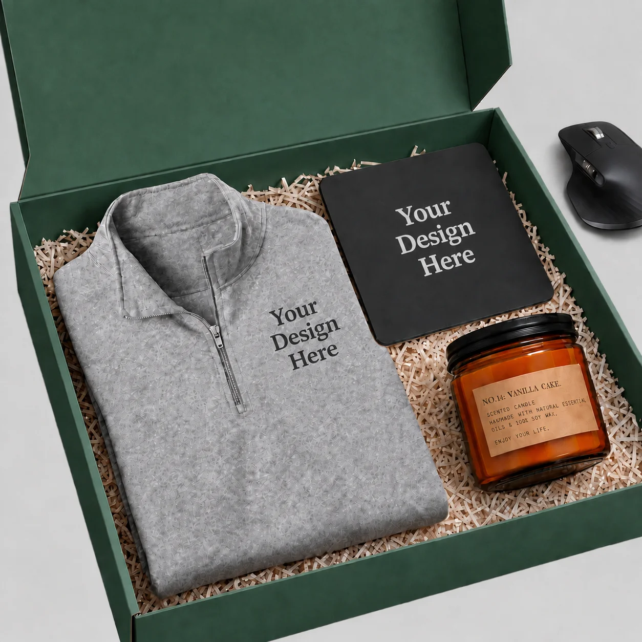 Scented Candle Gift Set with Square Mouse Pad & Port & Co® Fan Favorite® Fleece 1/4-Zip Pullover Sweatshirt