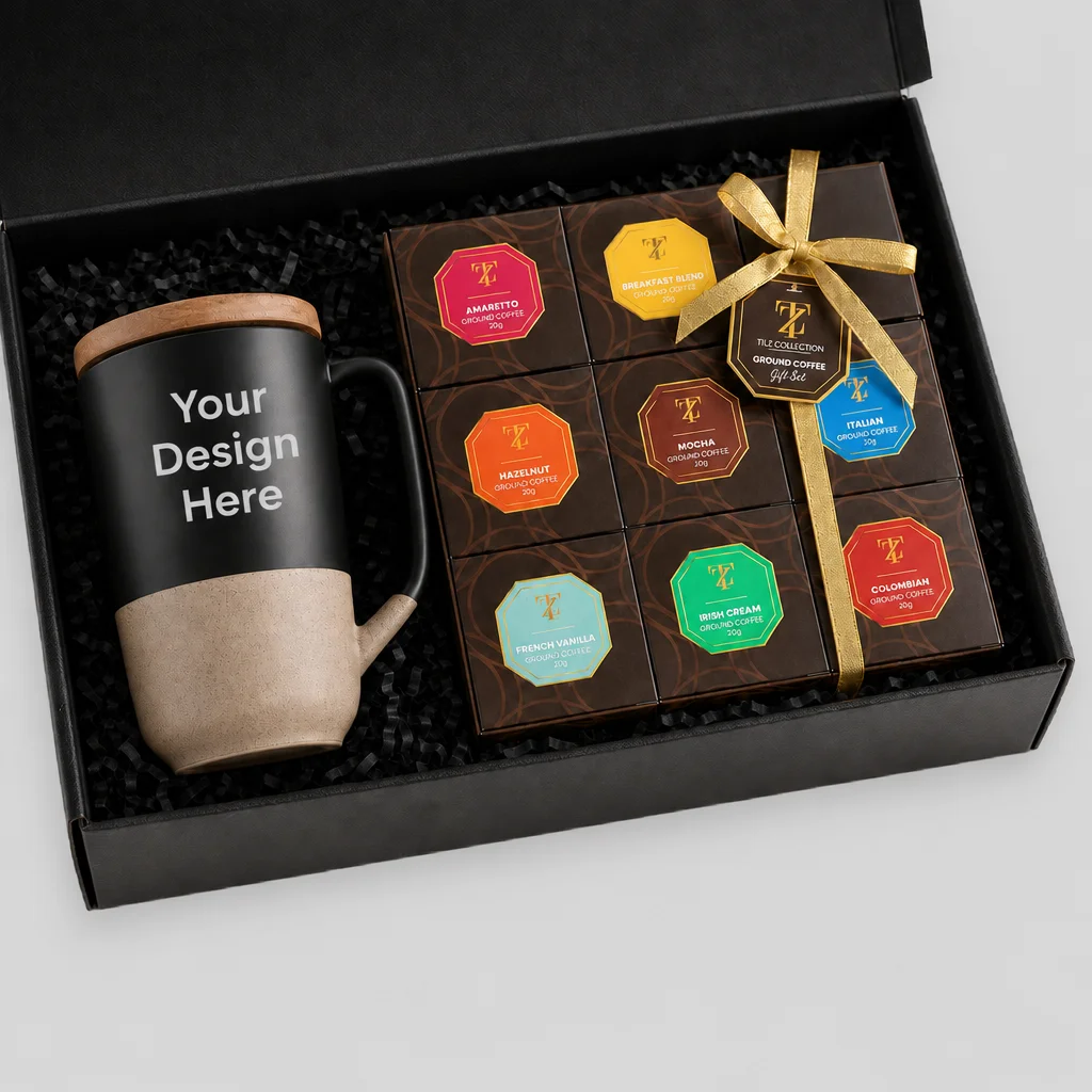 9-Piece Ground Coffee Assortment Gift Set with 16oz Tahoe Ceramic Mug & Wood Lid