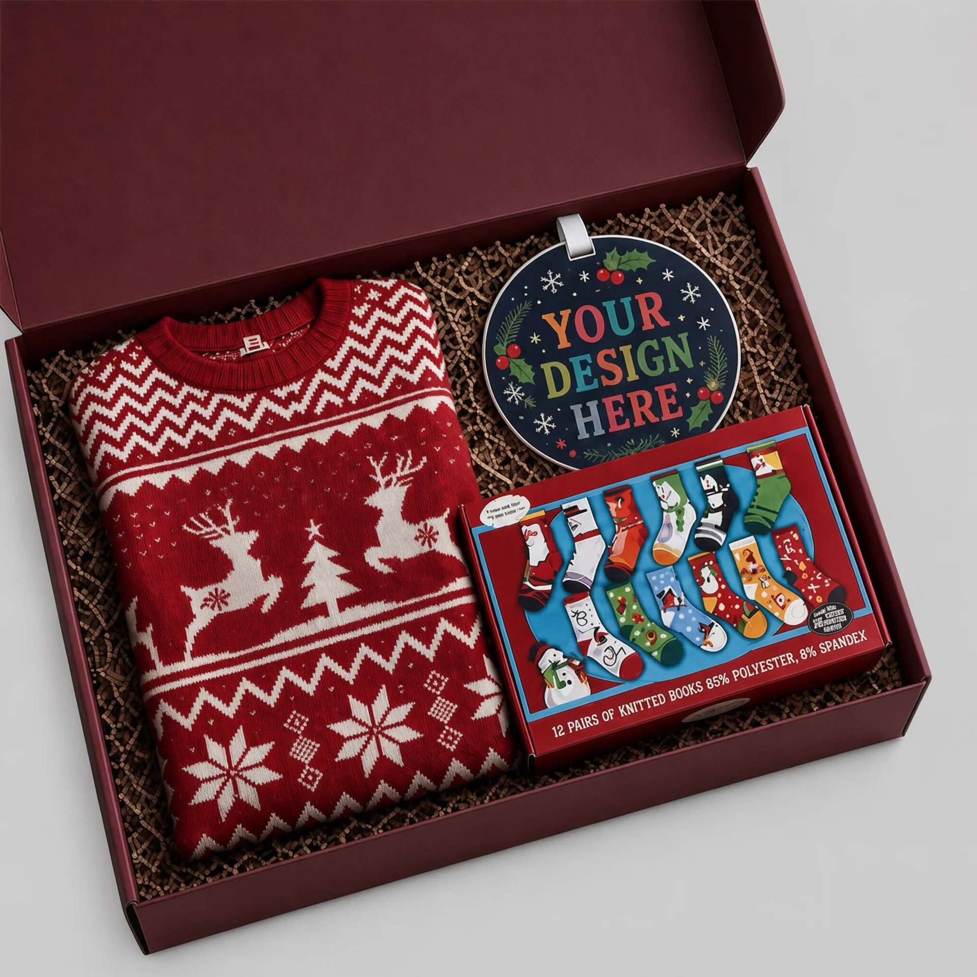 Women’s Ugly Christmas Sweater Gift Set with Socks & Ornament
