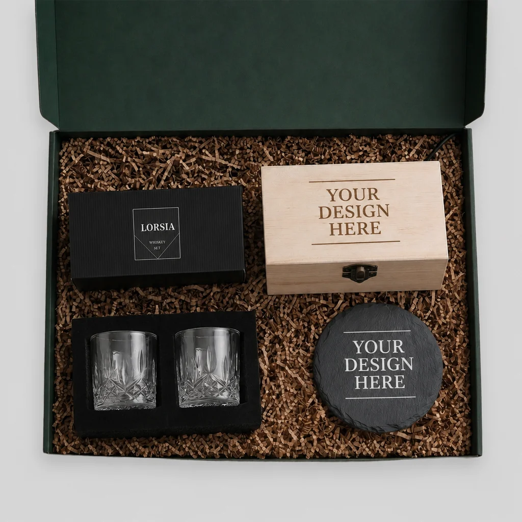 Whiskey Rocks Glass with Slate Coasters & Vintage Wooden Pine Rectangle Storage Box